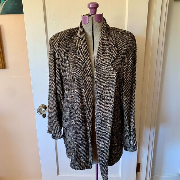 Handwoven Tweed Open Front Blazer Jacket Panache Pockets Fits L Relaxed Academia - Picture 1 of 6